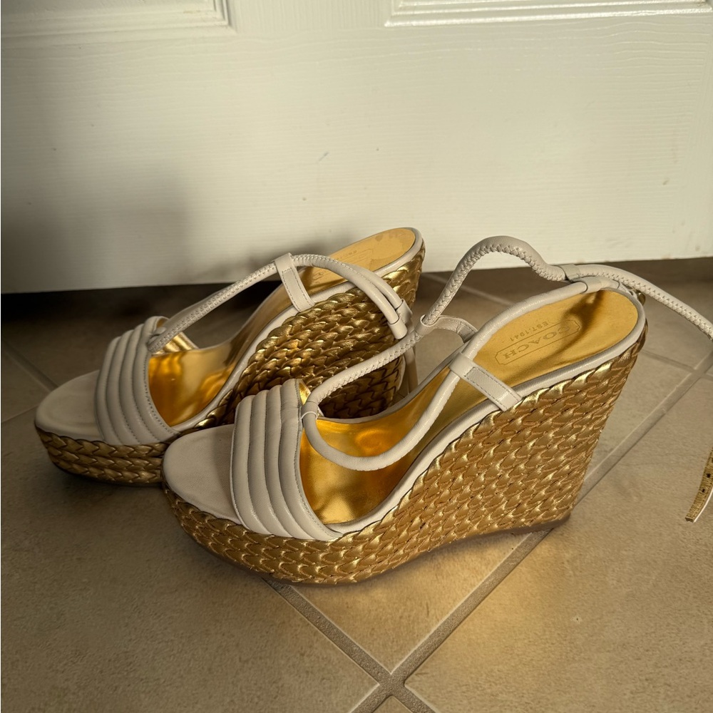 Coach Cream and Gold Wedge Sandals - Picture 5 of 8